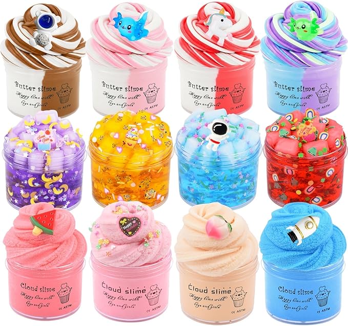 12 Pack Slime Kit, with 4 Butter Slime, 4 Jelly Cube Crunchy Slime and 4 Cloud Slime, Soft and Non-Sticky, DIY Stress Relief Toys for Girl and Boys, Birthday Gift, Party Favor, Classroom Reward