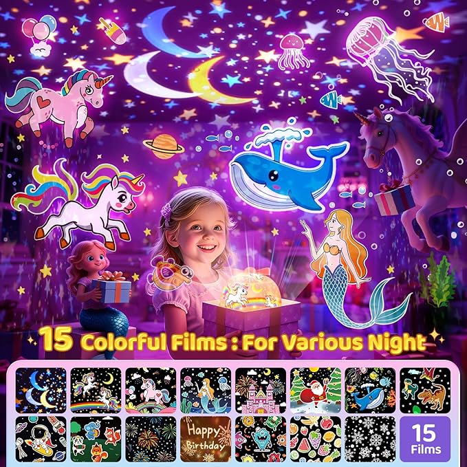 Pikoy Unicorn Toys for Girls Gifts, 15 Films+15 Lullaby Sound Machine for Kids Night Light Projector, Remote+Rechargeable Night Light for Kids Gifts, 360 °Rotation Princess Mermaid Toddler Girl Toys