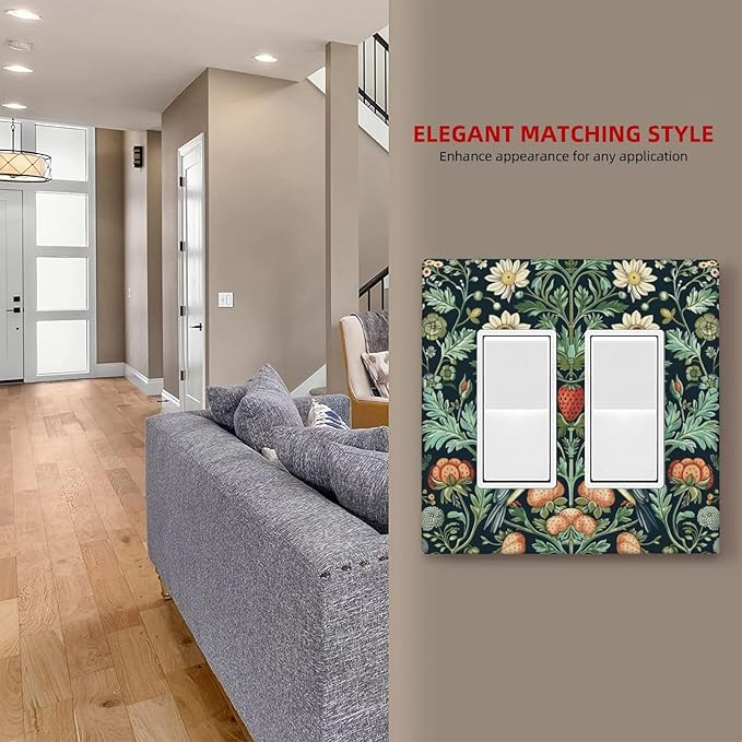 Light Switch Cover Plate Strawberry Birds Flowers Plant Morris Floral 2 Gang Double Rocker Outlet Covers Decorative Switch plates Electrical Wall Plates GFCI Receptacle for Bathroom Bedroom