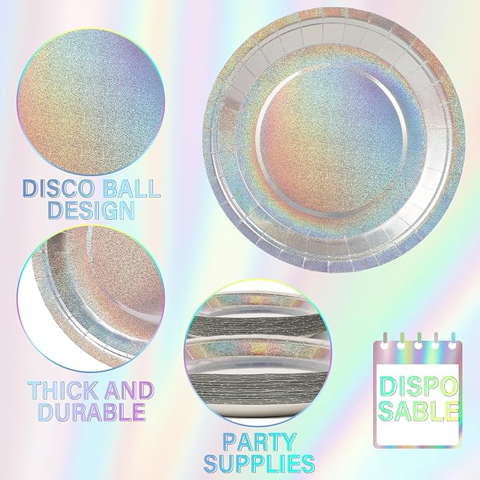 96 Pcs Iridescent Birthday Tableware Set Iridescent Party Supplies Decorations Holographic Foil Paper Plates and Napkins for Bachelorette Wedding Y2K Disco 24 Guest Birthday Party Favor