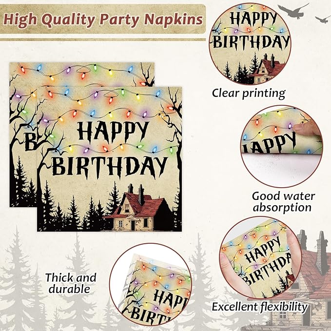96pcs Retro Scary House Paper Plates Spooky Rustic Alphabet Tableware Sets Colorful Light Bulbs Party Decorations Forest Dinner Plates and Napkins Forks for Birthday Party Supplies Serve 24 Guests