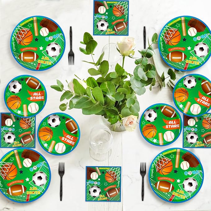 Sports Party Plates Napkins Superstar Party Tableware All Star Birthday Baseball Football Soccer Basketball Disposable Paper Plates Napkins for Boy Birthday Decoration Supplies Favors 24 Guests