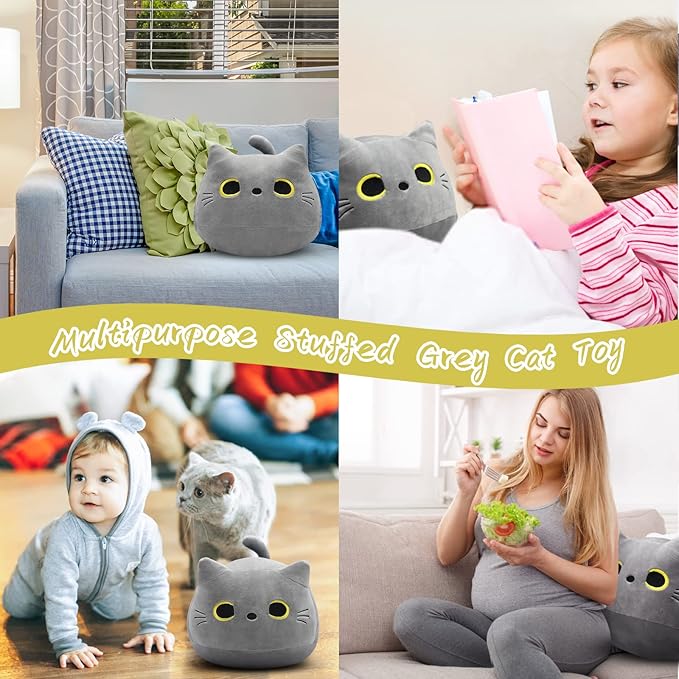 Gray Cat Plush Pillows Toys, 12inch Kawaii Gray Cat Stuffed Animals Plush Toys, Cute Soft Cat Plushie Stuffed Kitten for Birthday Valentines Gifts Home Car Decoration