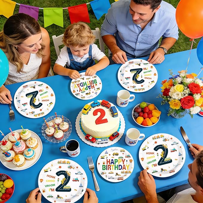 96Pcs 2nd Birthday Cars Party Supplies Transportation Theme Birthday Plates and Napkins Car Train Plane Sailboat Tableware Set for 2 Years Old Boy Vehicle Traffic Party Decorations Serves 24