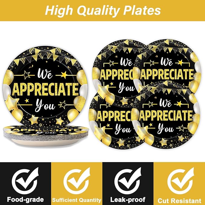 96Pcs We Appreciate You Party Plates and Napkins for Employee Staff Appreciation Black Gold Supplies Work Anniversary Themed Plate Thank You Tableware Set for Teacher 24 Guests Party Decorations
