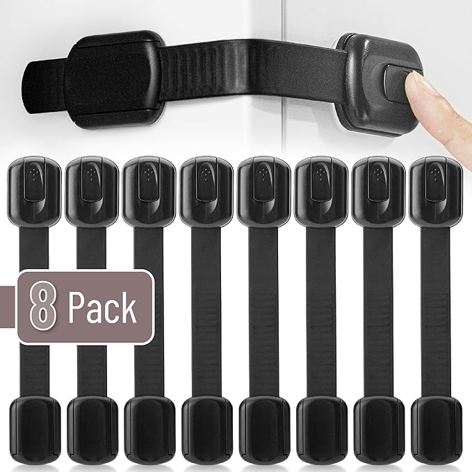 Bates- Child Safety Strap Locks, 8 Pack, Black, Baby Cabinet Locks, Toilet Locks Baby Proof, Child Proof Drawer Locks, Cabinet Baby Locks for Cabinets, Child Proof Cabinet Locks, Drawer Child Locks