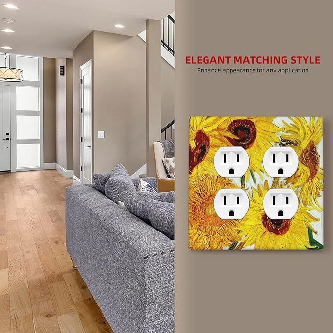 Rustic Sunflower Oil Painting Vintage Flowers Outlet Covers 2 Gang Double Duplex Decorative Light Switch Covers Electrical Wallplates Socket Faceplate for Bed Room Living Room Decor