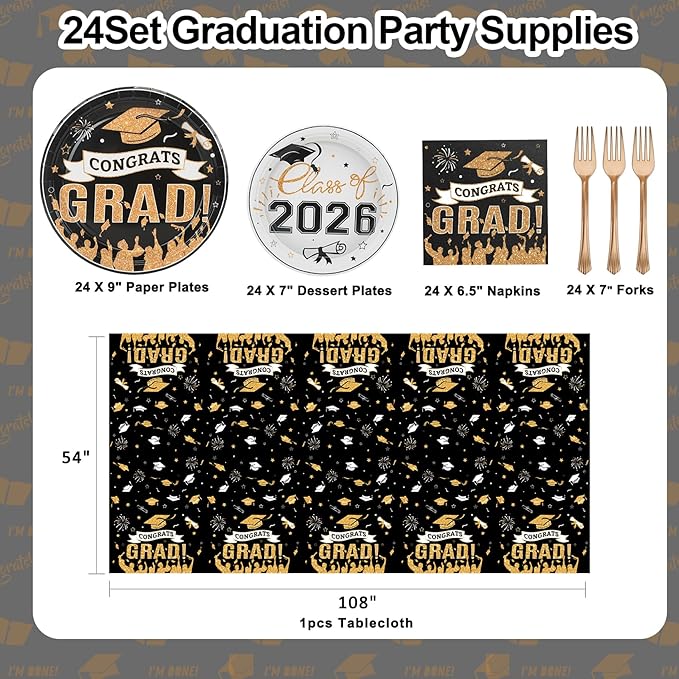Graduation Plates and Napkins 2026,97PcsBlack Disposable Grad Plates Class of 2026 Dessert Plates Napkins,Tablecloth,Forks,Graduation Decorations for Congrats Grad Party,Serve 24