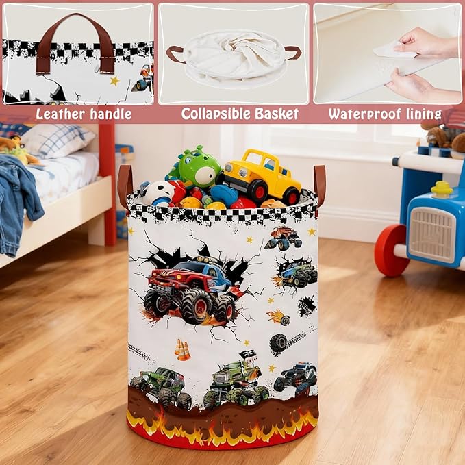 Monster Trucks Storage Basket Laundry Hamper,Collapsible Car Room Decor for Boys,Waterproof Monster Trucks Easter Gift Bag,45L Large Clothes Towel Toy Book Nursery Hamper(Round)