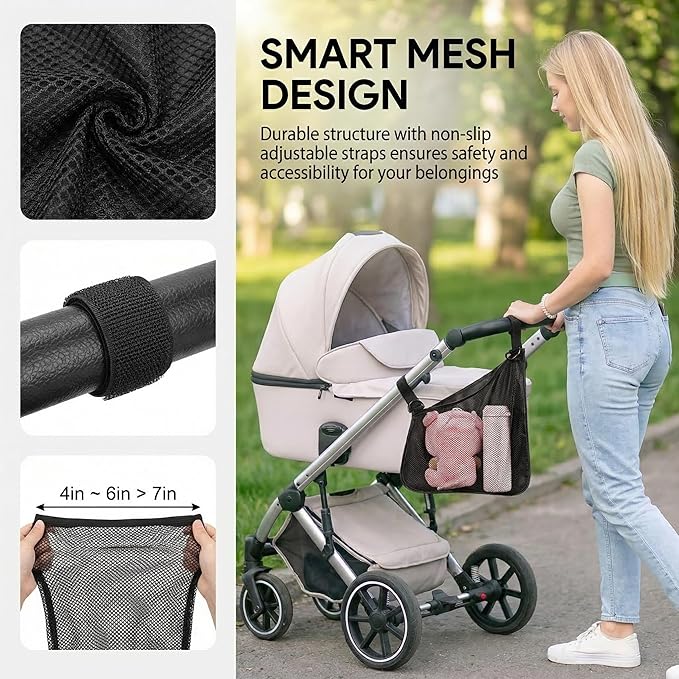 Stroller Side Bag - Bike/Stroller Organizer, Hook & Loop Easy Attach - Mesh Design, Non-Slip Straps, mom Cozy Stroller Organizer, Stroller Accessories, Black (BLACK 2PCS)