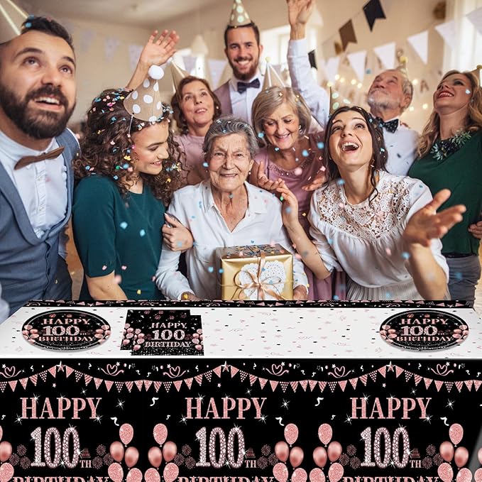 41Pcs 100th Birthday Decorations for Women, Vintage 100 Birthday Black and Rose Gold Disposable Paper Plates and Napkins Party Supplies for 20 Guests, 41Pcs Include 7" Plates Napkins and Tablecloth