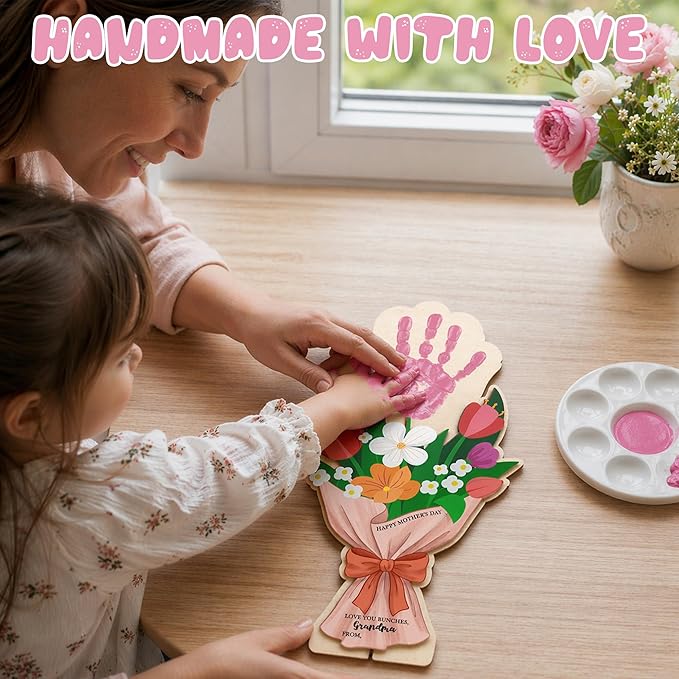 HYPERI DIY Mothers Day Crafts for Kids Handprint Art, Handprints Wooden Rose Flower Bouquet, Mothers Day Gifts for Mom from Kids, for Grandma from Grandkids, Mothers Day Keepsake Craft (Grandma)
