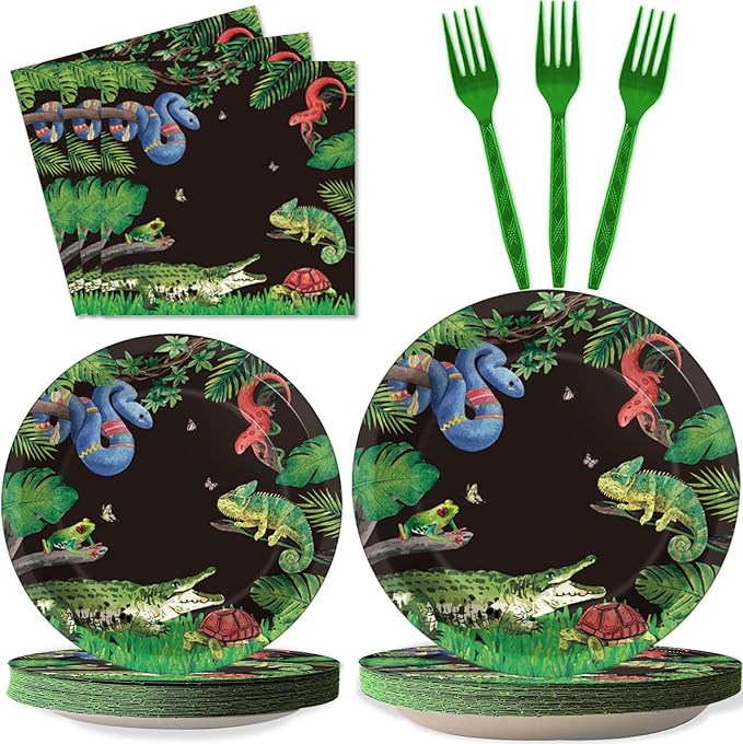 96 Pcs Reptile Snake Party Plates Napkins Tableware Set Lizard Birthday Party Supplies Disposable Paper Dinnerware Jungle Alligator Wildlife Theme Table Decoration Favors for Kids Birthday, 24 Guests