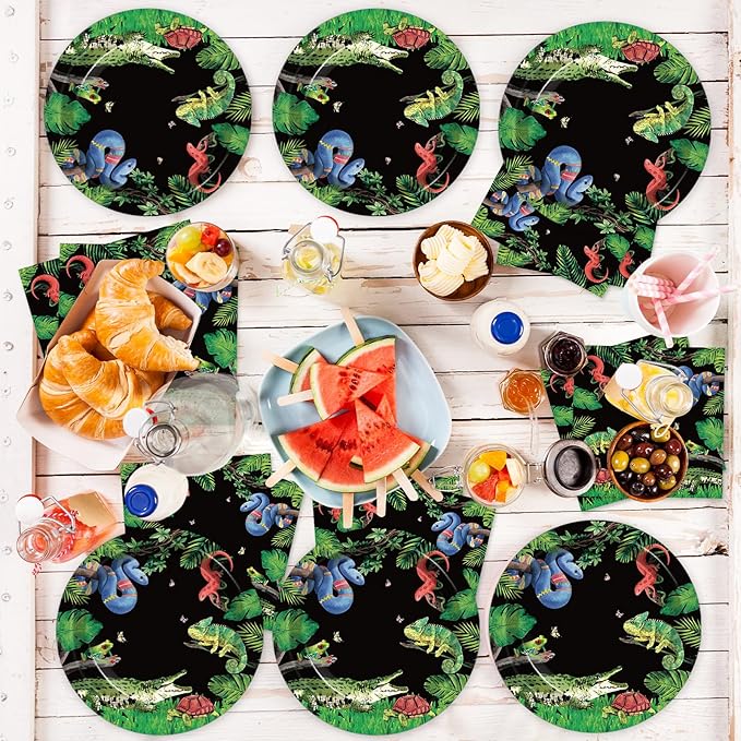 Reptile Snake Birthday Party Supplies Serves 24 Lizard Party Paper Plates Napkins Jungle Swamp Snake Tablecloth Tableware Kit for Baby Shower Decorations Kids Boys Girls