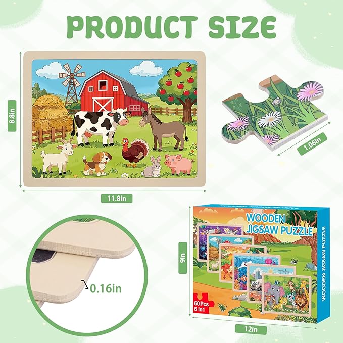 Wooden Puzzles for Kids Ages 4-8, 6 Pack 60 Piece Jigsaw Puzzle Set, Preschool Educational Brain Teaser Toys with Animals Dinosaur Space & Vehicles, Educational Toys for Boys and Girls