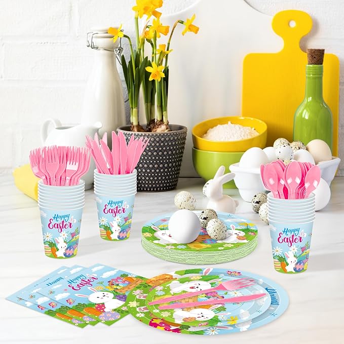 175 Pcs Easter Day Tableware Set - Serves 25, Happy Easter Bunny and Egg Disposable Plates, Cups, Napkins, Forks, Spoons, Knives for Spring Gatherings, and Kids' Birthday Party Supplies
