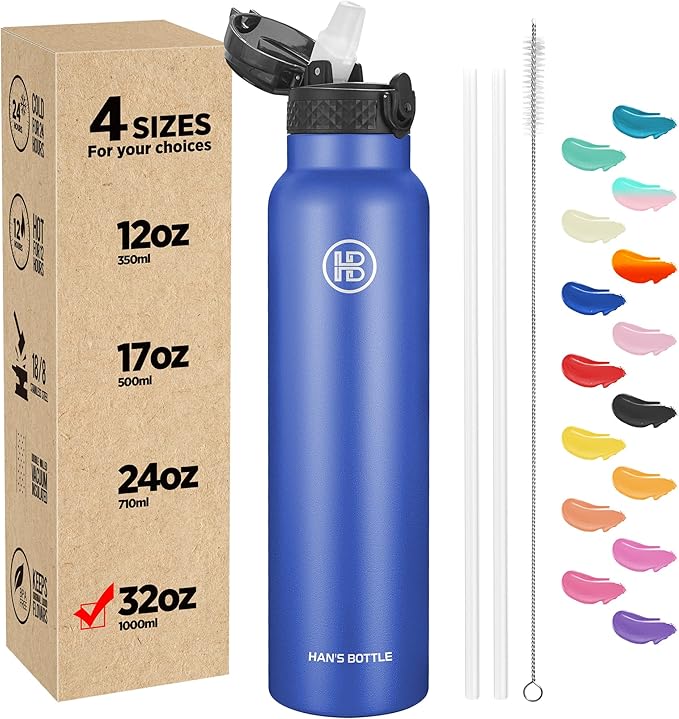 Han's Bottle Sports Water Bottle - 32 Oz, Straw Lid, Leak Proof, Vacuum Insulated Stainless Steel, Double Walled, Thermo Mug,Navy Blue