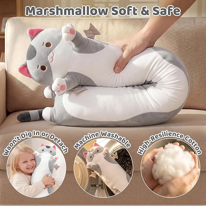 Mewaii Long Cat Plush 5 Sizes, 120% Extra Filling Giant Plushness Kids Body Pillow, Kawaii Cute Grey Cat Stuffed Animals Plushies, Big Long Body Pillow Plush Gift for Girls 28”