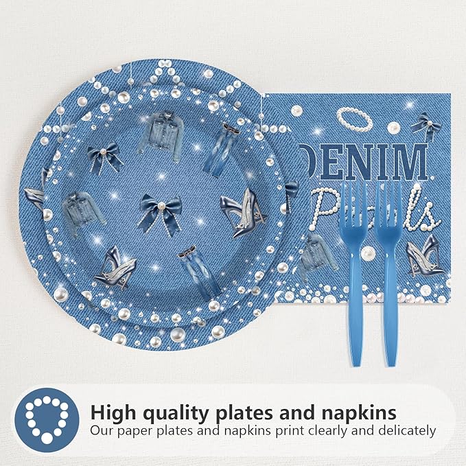 96Pcs Denim and Pearls Party Supplies Denim and Pearls Plates and Napkins Jeans Pearl Tableware Set for Woman Girl Birthday Bridal Shower Wedding Engagement Celebration Party Serves 24