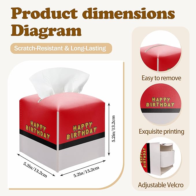 Happy Birthday Tissue Box Cover, Red and White Tissue Box Holder Square Leather Facial Paper Organizer, Themed Birthday Party Baby Shower Tableware Decorations