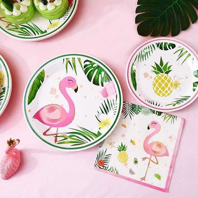 WERNNSAI Flamingo Party Decorations - 48PCS Hawaiian Plates and Napkins Summer Flamingo Themed Tableware Set Tropical Dinner Plates and Napkins for Girls Kids Birthday Baby Shower Serves 16 Guests