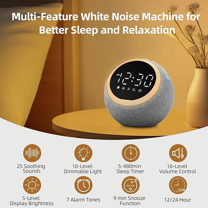 Smart Alarm Clock for Bedrooms, Digital Alarm Clock with White Noise Hatch Sound Machine, 25 Sounds, Night Light, Snooze, Sleep Timer, Adjustable Volume for Kids, Adults,Teens, Heavy Sleepers