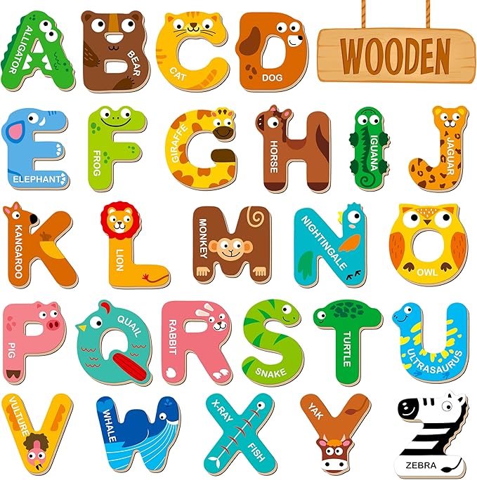 26 Magnetic Wooden Letters, Cute Animal Alphabet ABC Wood Magnets for Fridge Colorful Uppercase Animals Toys Set Educational Spelling Learning Games for Kids, Toddlers 3 4 5 Years Old