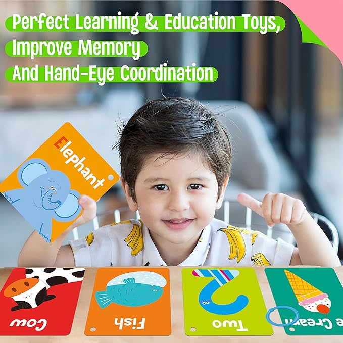50 PCS Kid First Cognitive Flashcards,Double Sided Printed 7 in 1 Colorful Cards Alphabet,Numbers, Foods,Animals,Shapes,Colors with 3 Reclosable Rings,Learning Tool for Pre-K Kindergarten Toddlers