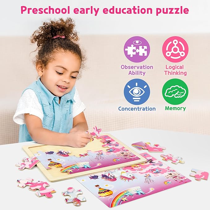 SYNARRY Large Unicorn Mermaid Princess Fairy Wooden Kids Puzzles 4 in 1 Gift Box(12.2 * 9.4 in), Wood Puzzles for Kids Ages 4-6, Wood Puzzles for Kids Ages 3-5, Easter Basket Stuffers Gifts for Kids