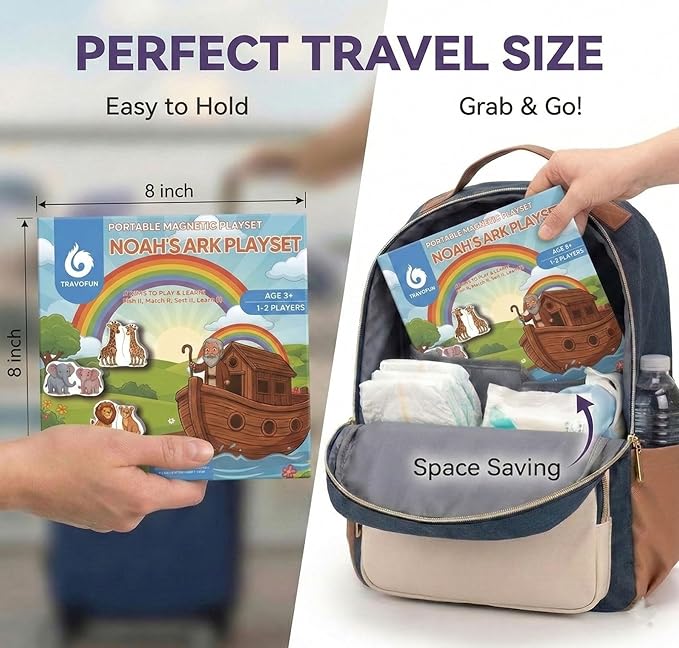 TRAVOFUN Noahs Ark Magnetic Travel Games for Kids 3-5 - Foldable 4 in 1 Busy Book, Christian Educational Toys with Fishing, Matching & Spelling,Sunday School Games & Church Activities Kids Gift