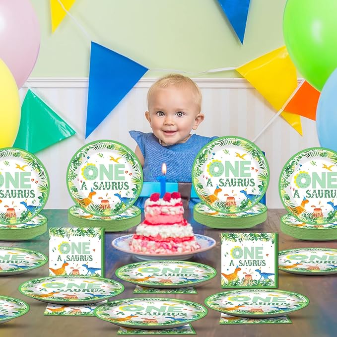 CHUNNIN 50PCS One A Saurus Birthday Party Paper Plates and Napkins Dinosaur First Birthday Decorations Dinosaur First Tableware Set Serves 25 Guests Boy Kids Dino Baby Shower Party Supplies