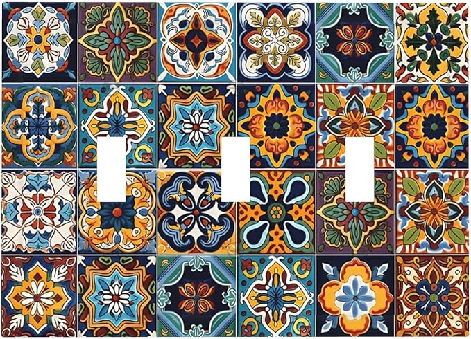 Mexican Talavera Tiles Floral Decorative Switch Plates 3 Gang Wall Plate Triple Toggle Light Switch Cover Faceplate Electrical Wall Panels for Bathroom Kitchen Decor