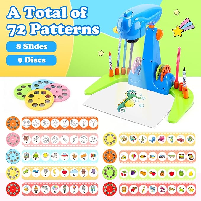 Sumsoltic Drawing Projector for Kids, Art and Craft Kit, Including Colored Pencils, Crayons, Coloring Books, Toys for 3+ Year Old Boys (Blue Drawing Kit v1)