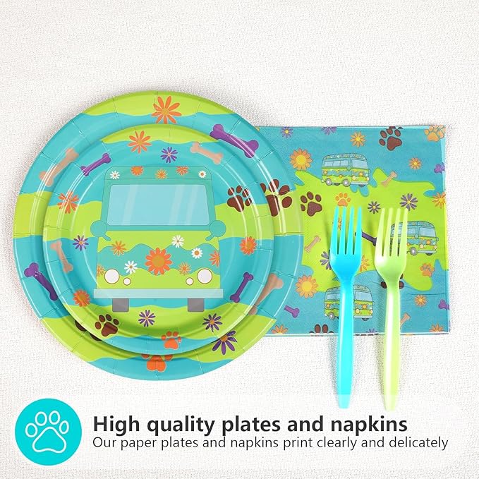 Grencian 96Pcs Mysterious Dog Birthday Party Supplies Blue Green Dog Plates and Napkins Carton Dogs Paw Tableware Set for Kids Birthday Baby Shower Party Supplies