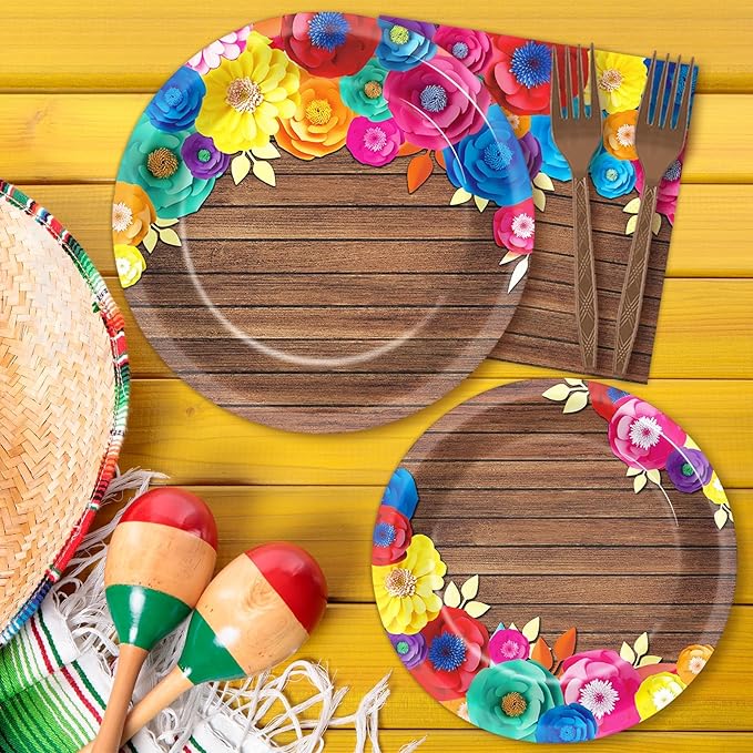 96Pcs Fiesta Party Plates and Napkins for Mexican Party Supplies Wooden Floral Themed Paper Dessert Plates Festival Tableware Set for Kids Boys 24 Guests Birthday Party Decorations