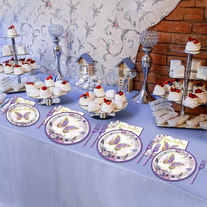 ZOIIWA 96 PCS Purple Butterfly Birthday Party Tableware Set - Butterfly Themed Party Decorations, Plates, Napkins, Forks for Girls, Women, Baby Shower Favors