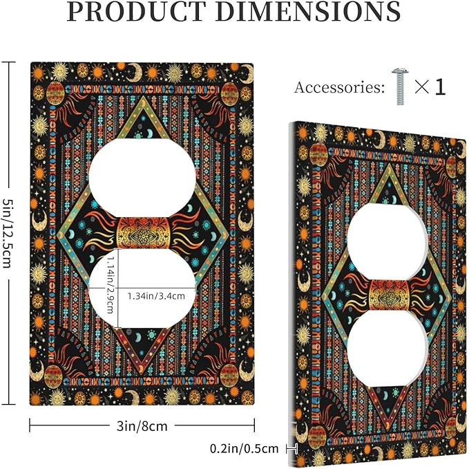 Outlet Covers Boho Burning Sun Hippie Retro Bohemian Gypsy 1 Gang Duplex Light Switch Cover Plate Decorative Wall Plates Electrical Switchplate Receptacle Cover for Bathroom Home Decor