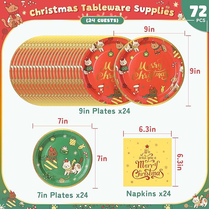 72PCS Christmas Plates and Napkins for Party Decorations, Set of 24 Merry Christmas Disposable Tableware Supplies, Cute Cats Themed Christma Paper Plates for Xmas Party