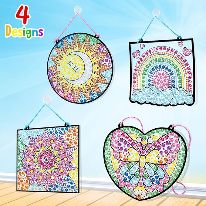 BANBBUR 4 Pcs Window Art Kits for Kids,Gem Arts for Kids Ages 8-12 4-8,Suncatcher Kits for Kids,Diamond Art and Crafts for Girls Boys Birthdays Christmas Gift