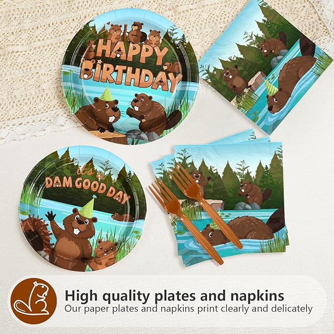 96Pcs Beaver Birthday Party Supplies Cute Cartoon Beaver Plates and Napkins Brown Wild Animal Disposable Tableware Sets for Kids Baby Shower Birthday Castor Jungle Animal Party Decorations, Serves 24
