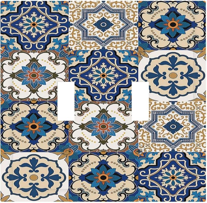 Decorative Switch Plates Mandala Decorative Tile Talavera Moroccan Tiles 2 Gang Double Toggle Wall Plate Outlet Light Switch Cover Electrical Faceplate for Bedroom living Room Decor