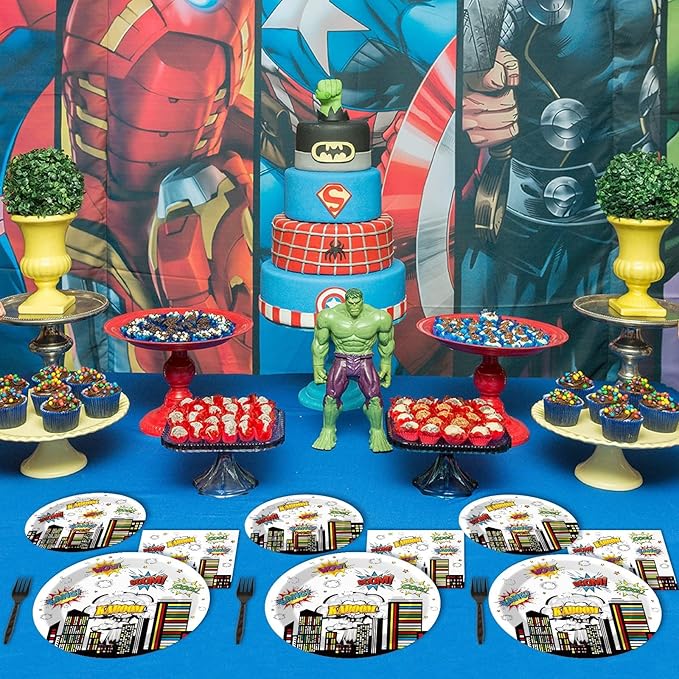 200pcs Super Party Plates Napkins Forks Hero Theme Party Tableware Set Hero Action Sign Party Disposable Paper Dessert Cake Dinnerware Boy Girl Happy Birthday Party Baby Shower Decor Supplies Serve 50