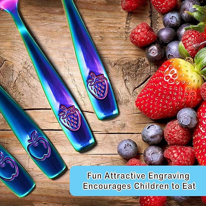 Stainless Steel Kids Silverware Set 24 Pieces (2 Pack of 12) - Child and Toddler Safe Flatware - Kids Utensil Set - Metal Kids Cutlery Set (Includes 12 Small Kids Spoons & Kids 12 Forks, UV Rainbow)