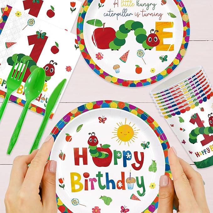 168Pcs Caterpillar 1st Birthday Party Supplies Green Insect Plates Napkins Disposable Tableware Set Hungry Bug Party Decoration for Kids Birthday Baby Shower Serve 24