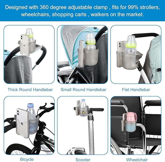 Accmor Stroller Cup Holder with Phone Holder, Bike Cup Holder, Universal Cup Holder for Uppababy Nuna Doona Strollers, 2-in-1 Cup Phone Holder for Stroller Bike Accessory