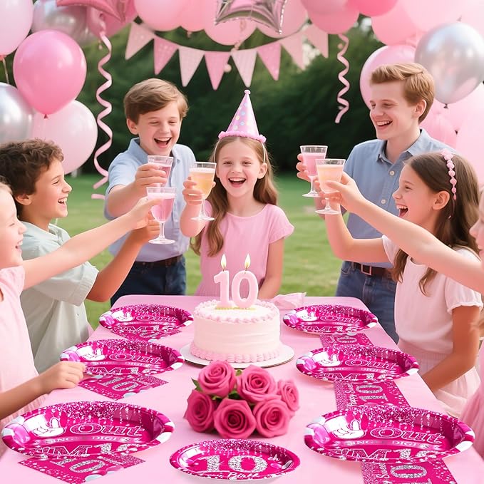 Grencian 96Pcs 10th Birthday Decorations for Girls Hot Pink 10th Birthday Party Plates Disposable Double Digits Paper Tableware for Girl 10 Year Old Happy Birth-day Party Supplies, Serves 24