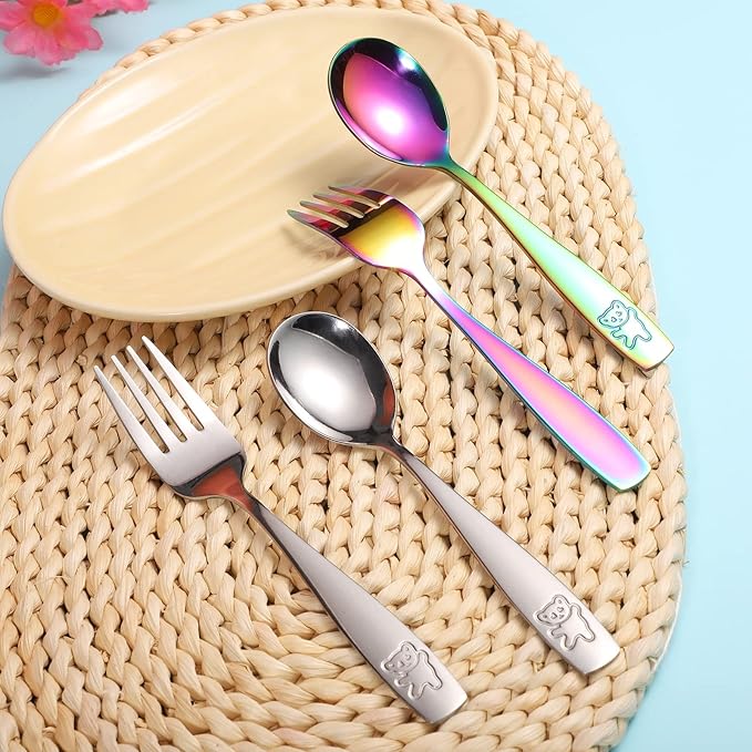 Pimoys 6 Pieces Toddler Utensils Kids Rainbow Silverware Stainless Steel Toddler Forks and Spoons Set, Metal Childrens Safe Flatware Child Cutlery Set, Dishwasher Safe