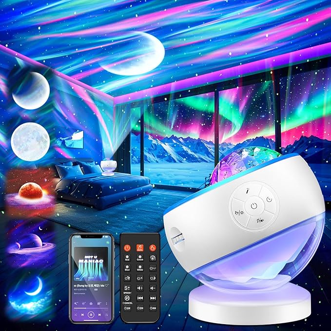 Staryou Iceberg Northern Lights Projector, White Galaxy Projector with Bluetooth Speaker & 15 White Noise, Aurora Light with Detachable Base, 300+ Light Modes, Ideal Gift & Bedroom Decor