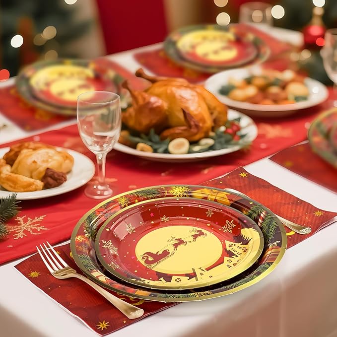 72PCS Christmas Plates and Napkins for Party Decorations, Set of 24 Merry Christmas Disposable Tableware Supplies, Red Gold Christma Tree Paper Plates for Xmas Party