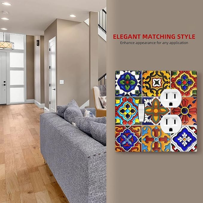 Vintage Colorful Boho Mexican Moroccan Tile Wallplates 1 Toggle 1 Duplex Switch Plate Electrical GFCI Faceplate Decorative Light Switch Covers for Farmhouse Home Decor